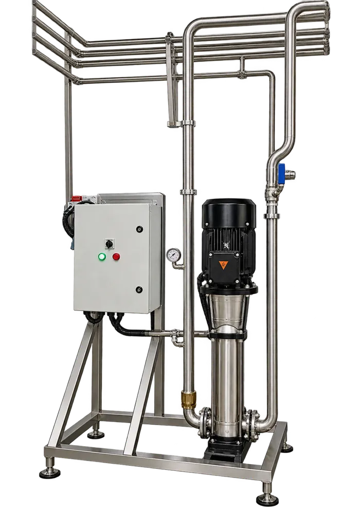 Single stainless steel vertical multistage booster pump on a stainless frame with electrical control panel and pipework