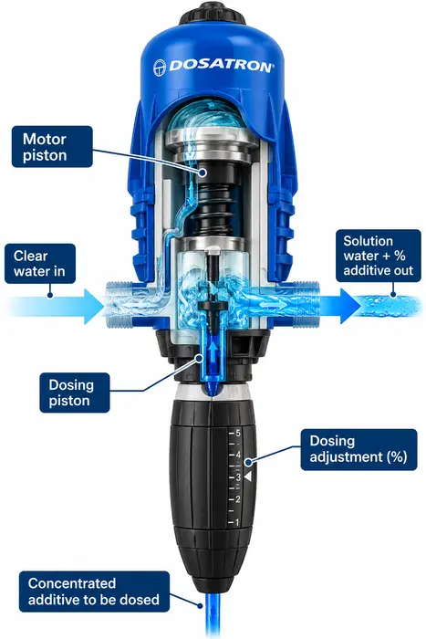Dosatron dosing pump cutaway showing how water flow drives the dosing piston