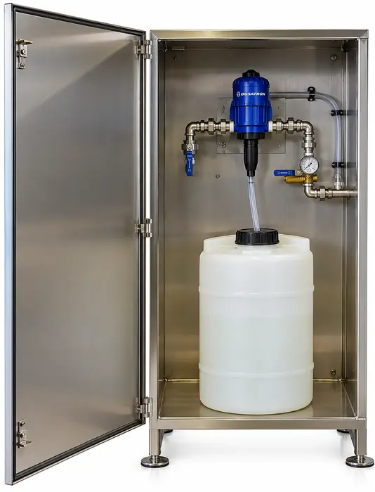 Stainless steel dosing cabinet with Dosatron pump and chemical container