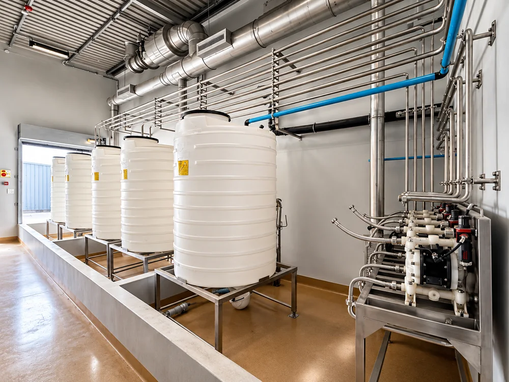 Bulk chemical tanks on stainless steel stands in a bunded chemical room