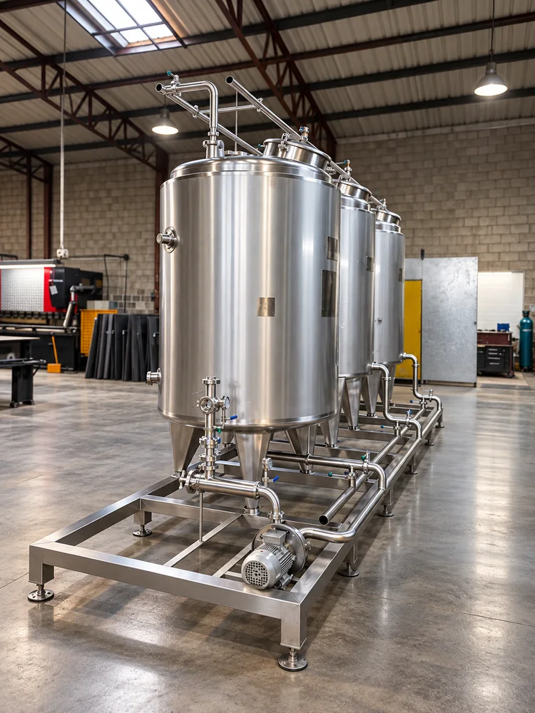 Stainless steel CIP station with three tanks, pumps and pipework on a frame