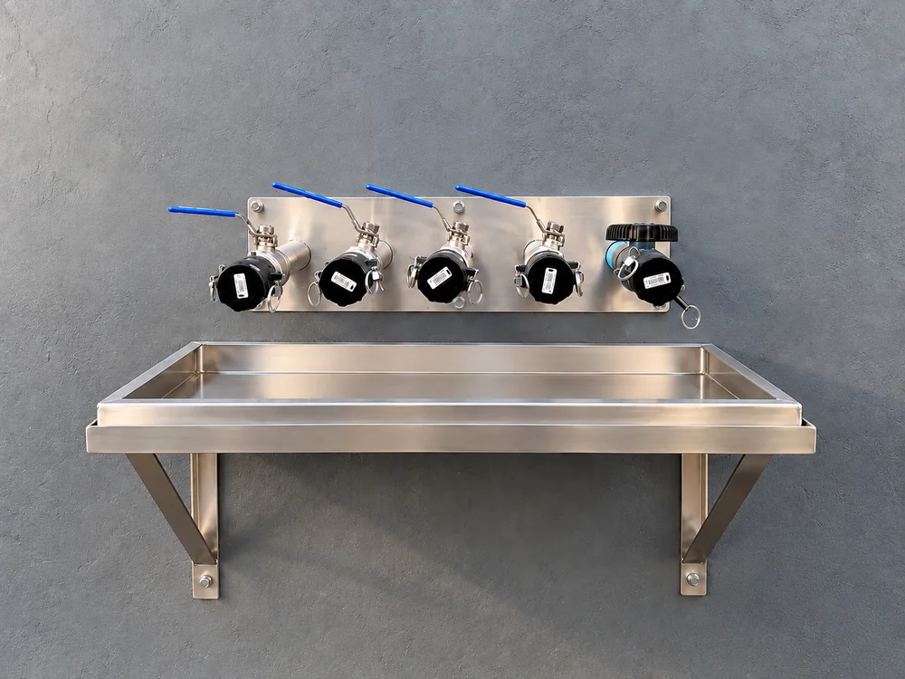 Wall mounted chemical filling points to bulk tanks with a stainless steel drip tray