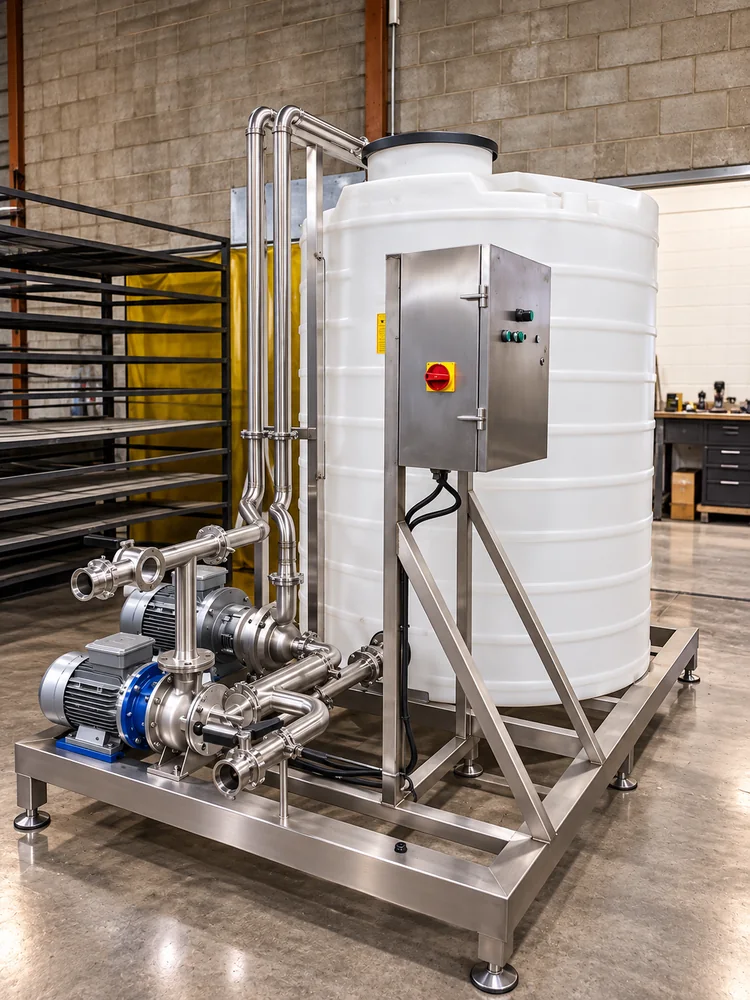 Small mobile CIP unit with supply and return pumps, tank and control box