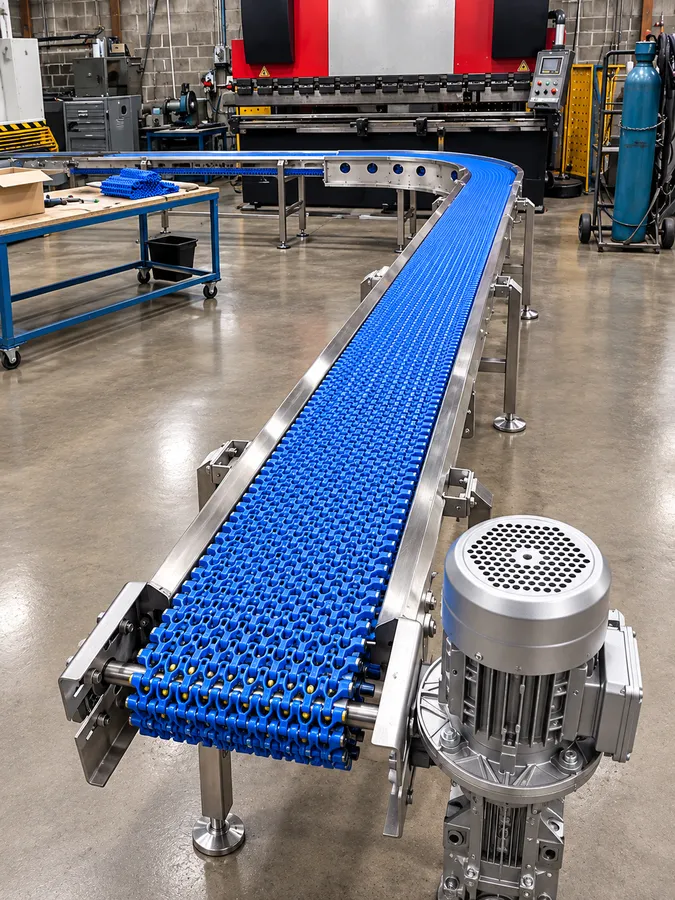 Curved blue modular belt conveyor with drive motor