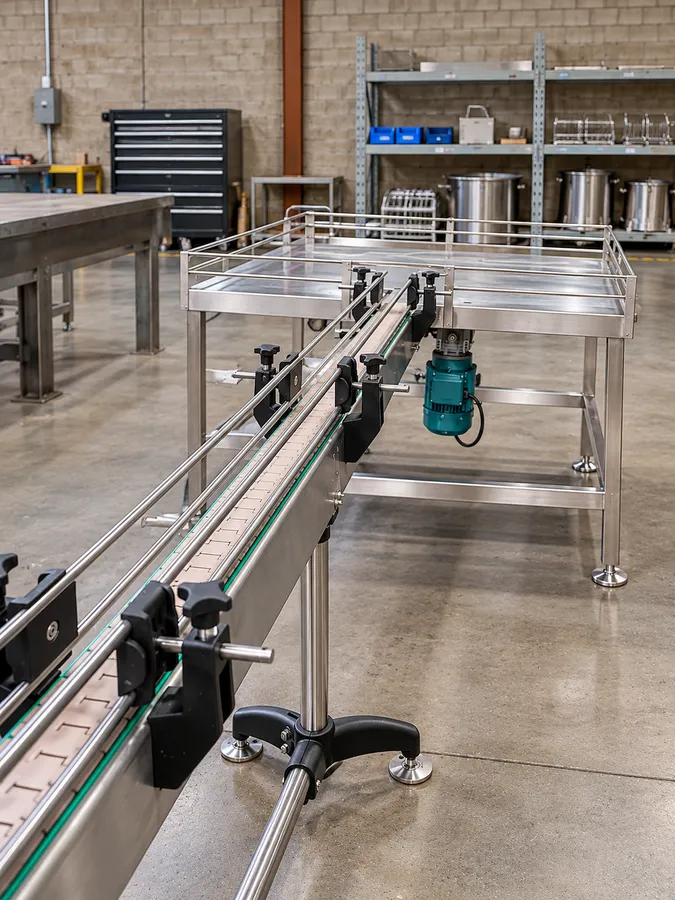 Slat belt conveyors on stainless steel frames in a workshop