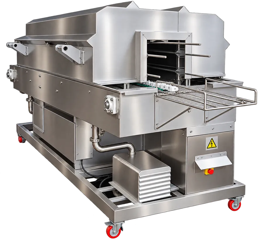 Stainless steel bucket washer on castors with loading rack