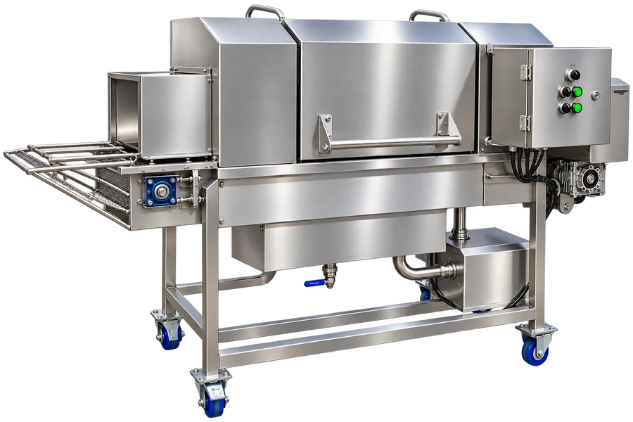 Stainless steel product sterilizing washer with conveyor infeed