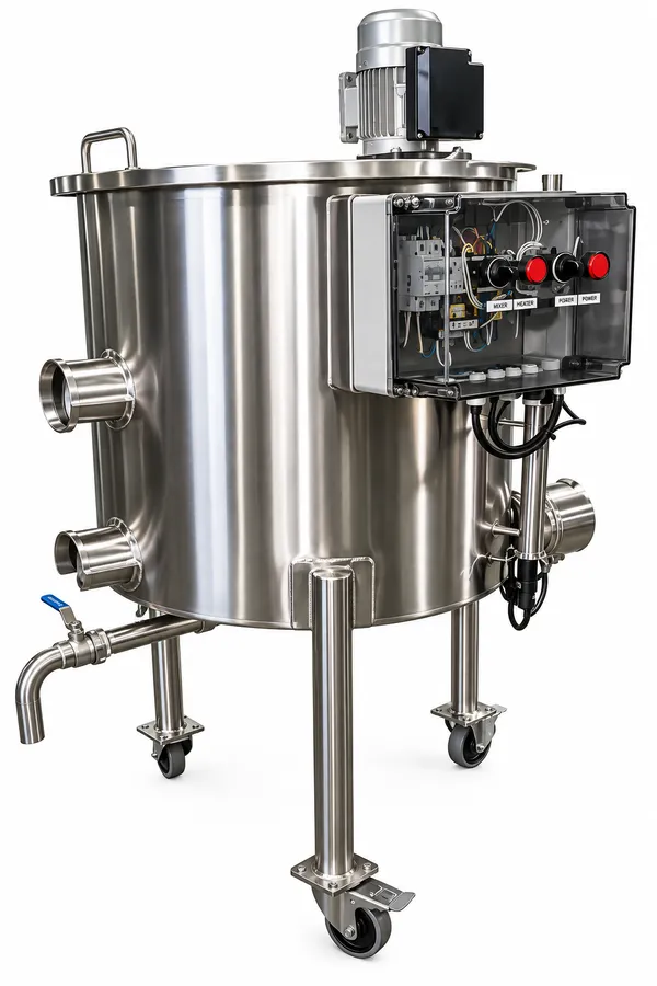 Tanks & Turnkey Projects: Stainless steel mixing tank with motor and control panel on castors