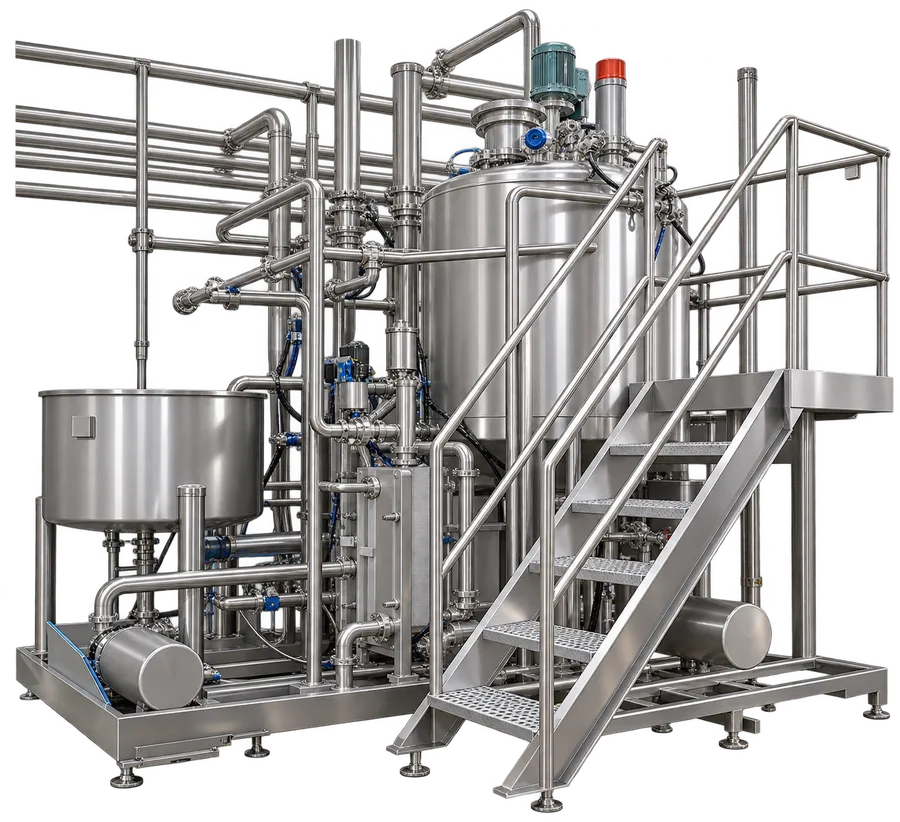 Turnkey stainless steel dairy installation with tanks, pipework, platform and stairs