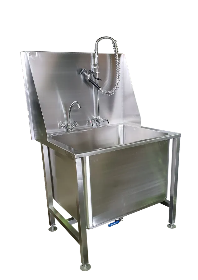 Equipment Basins & Sinks: Single compartment stainless steel equipment basin with high splashback, mixer tap and spray hose