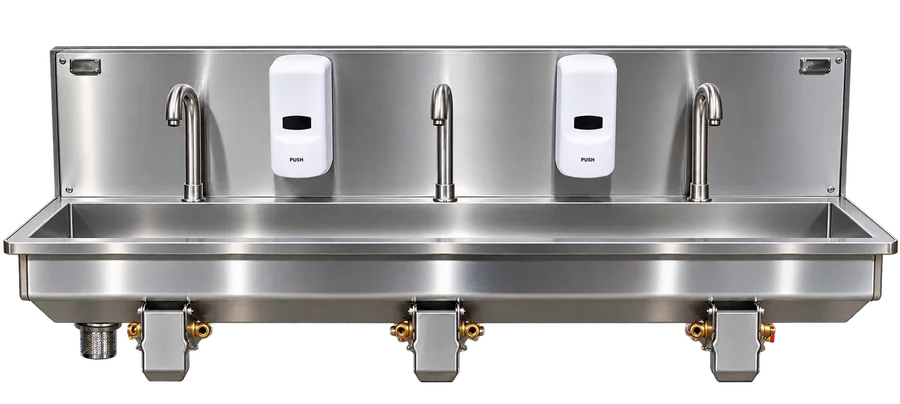 3 person wall mounted stainless steel hand wash basin with knee operated valves