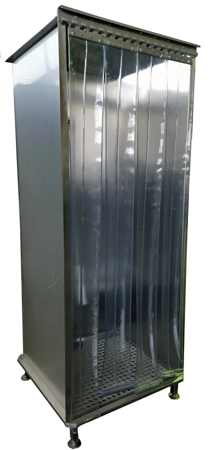 Apron Washer: Walk-in stainless steel apron washer cabinet with clear PVC strip curtain