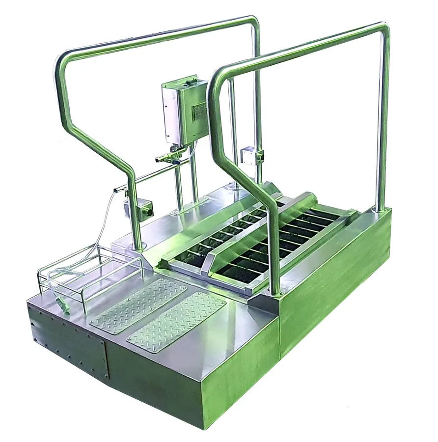 Walk-through automatic boot sole washer with hand rails and horizontal brushes in the floor