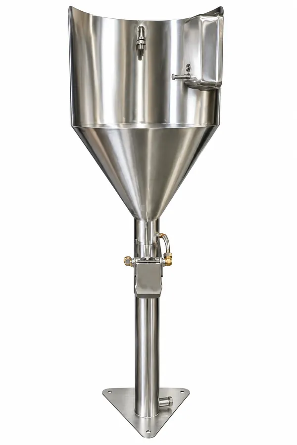 Free standing cone type stainless steel hand wash on a single pedestal with knee operated valve