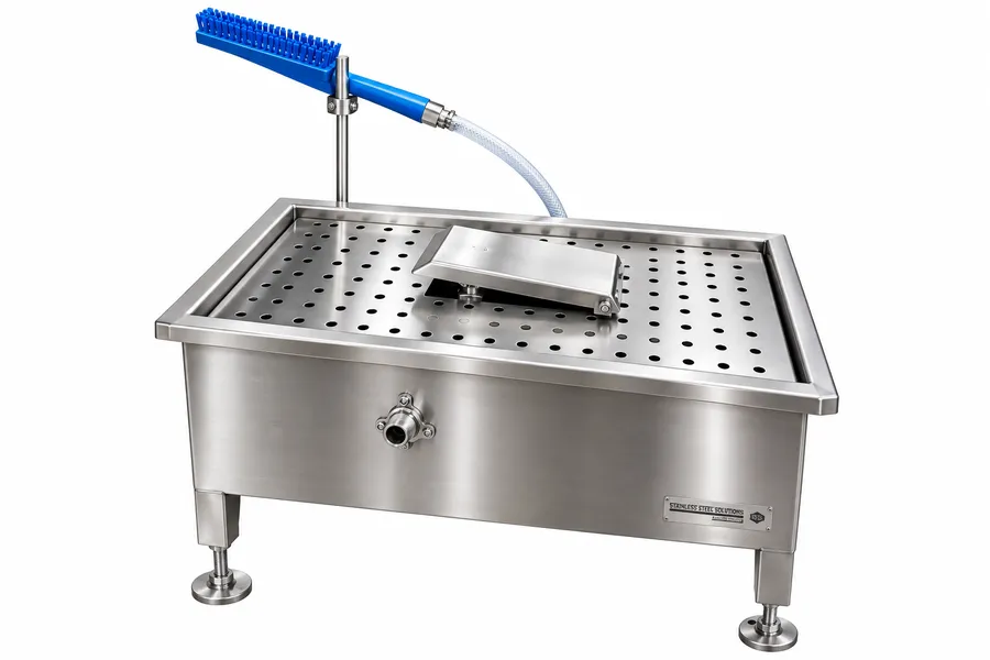 Single stainless steel boot washer with perforated grid platform and blue water-fed brush