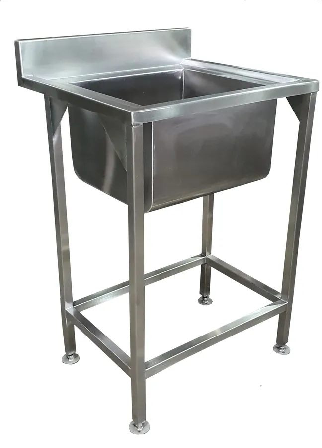 Single stainless steel equipment basin on a frame with splashback and no workspace