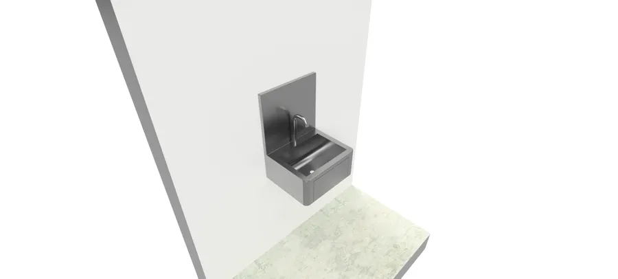 Compact single stainless steel hand wash basin with knee operated valve