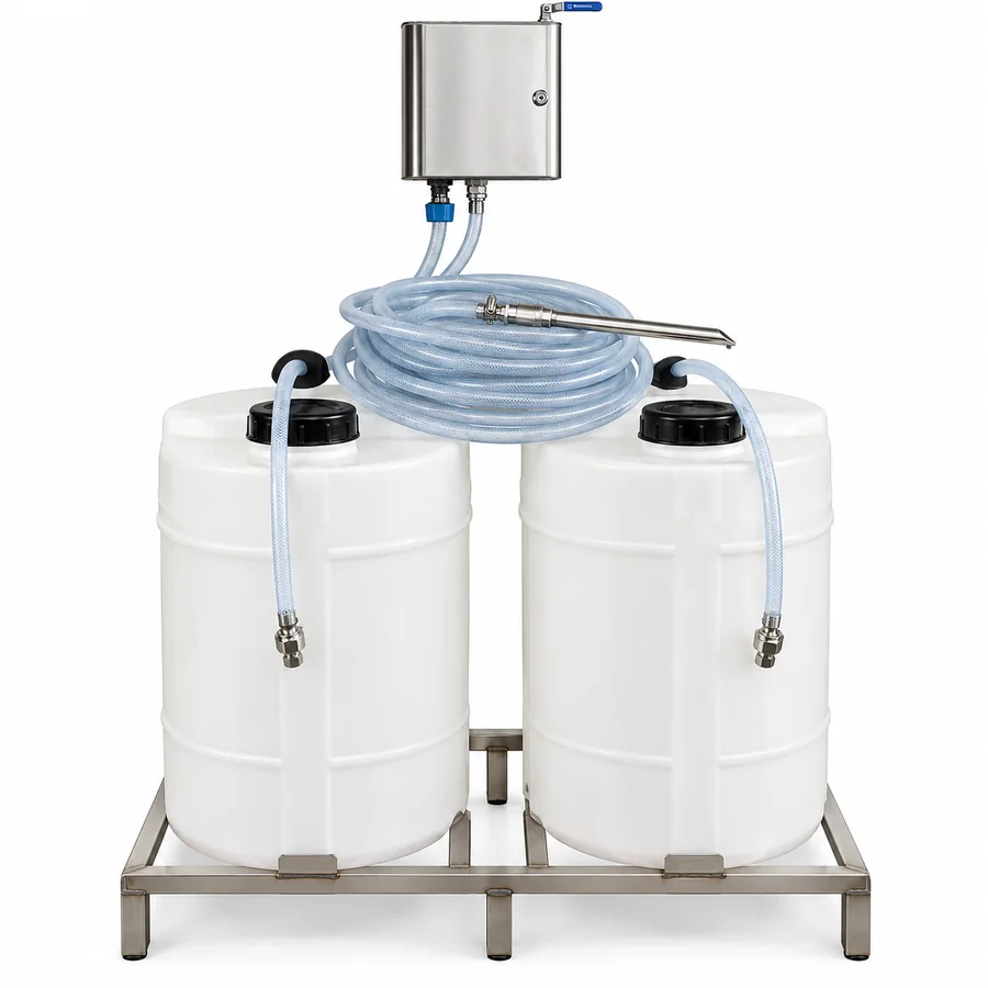 Wall mounted drum foamer DTFW-D100L with two 100 litre chemical drums on a stainless steel stand