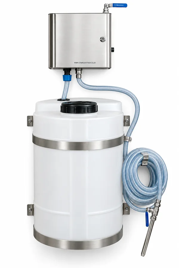 Wall mounted stainless steel drum foamer DTFW-S-100L above a 100 litre chemical drum with hose and lance