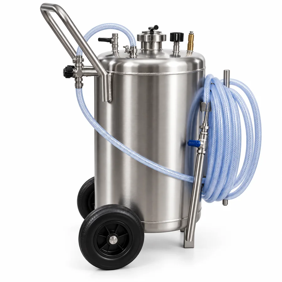 Portable 50 litre stainless steel pot foamer 50LPF on wheels with clear reinforced hose and foaming lance