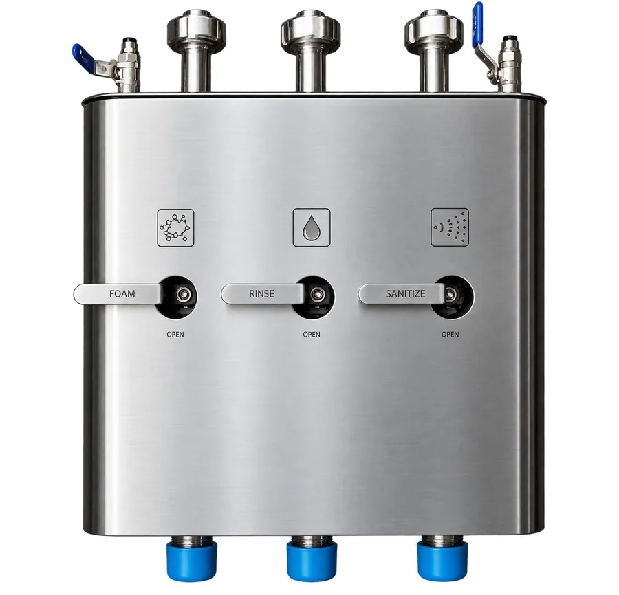 Centralized Foaming Systems: Stainless steel centralized foaming, rinsing and sanitizing station with three function selectors