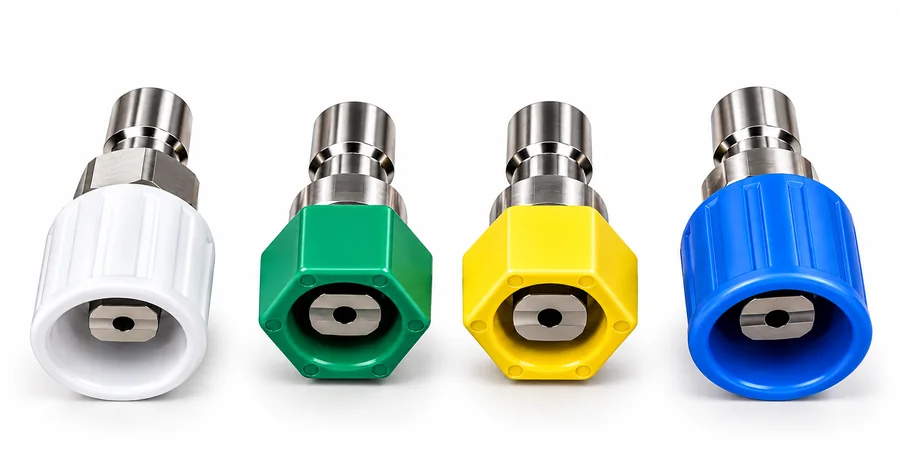 Four stainless steel nozzles with white, green, yellow and blue colour coded protectors