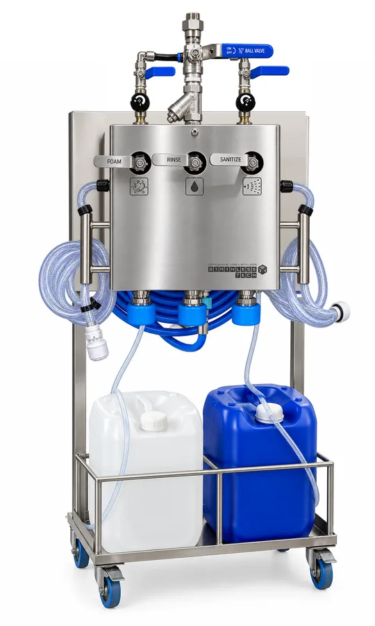 Mobile stainless steel trolley on castors carrying the foaming, rinsing and sanitizing unit, a hose reel and two chemical containers