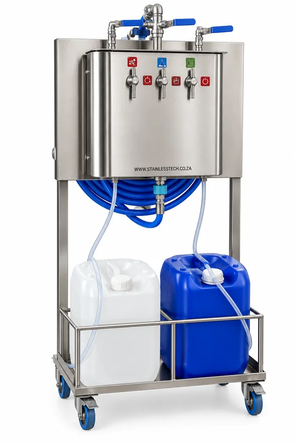 Mobile stainless steel foaming, rinsing and sanitizing unit on castors with hose reel and two 25 litre chemical containers