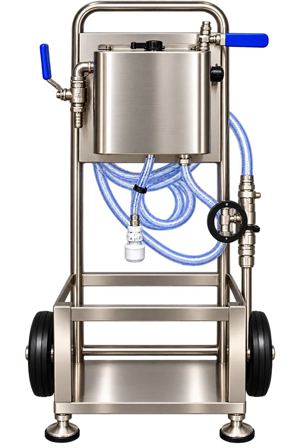 Mobile stainless steel foaming and rinsing unit DSA-ST on a two wheel trolley with coiled reinforced hose