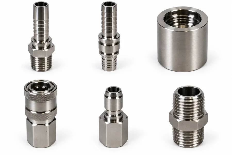 Set of stainless steel hose fittings: hose tails, collar, female quick coupler, male nipple and hex nipple