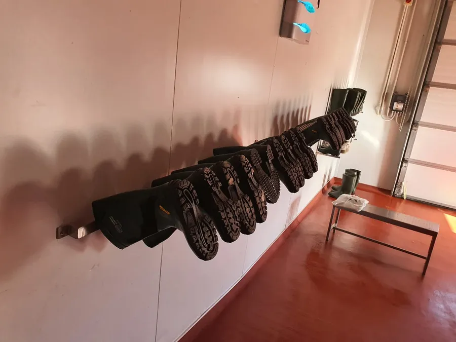 Wall mounted stainless steel boot rack holding a row of boots upside down