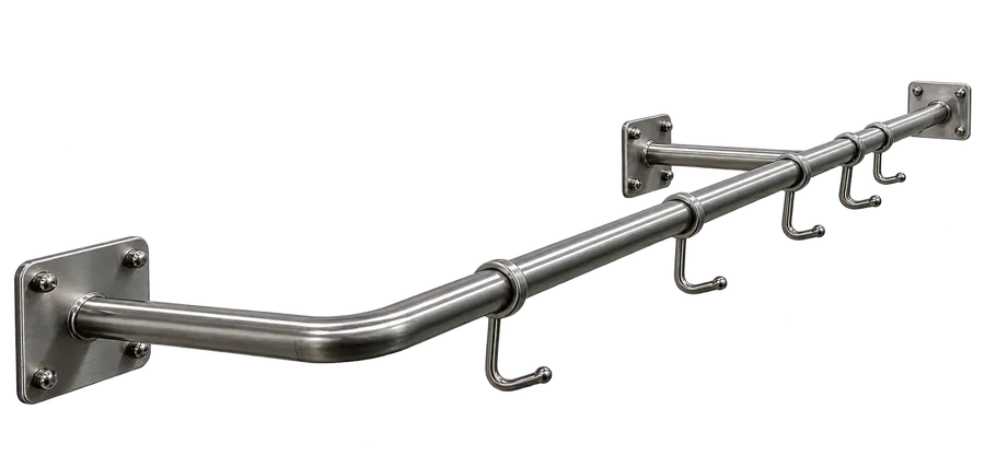 Coat Hangers: Wall mounted stainless steel rail with clothing hooks