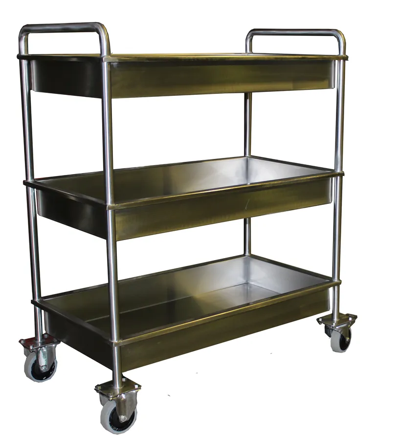 Three tier stainless steel trolley with tray shelves and push handles