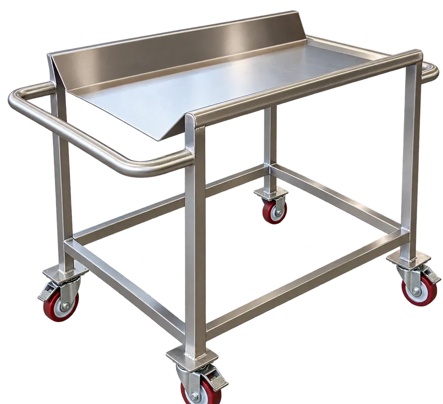 Stainless steel trolley with sloped tray top, push handle and castors